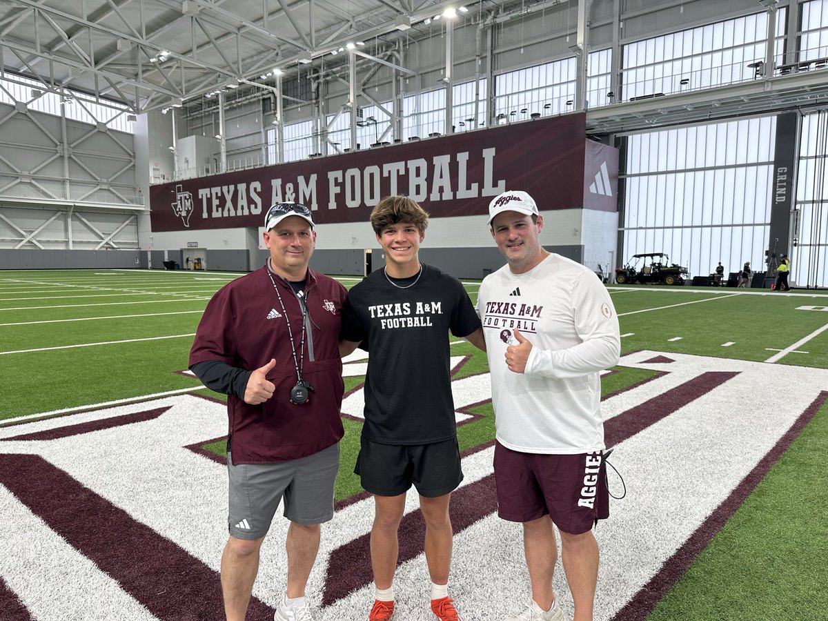 LandonTapella's tweet photo. Great first college football camp experience at Texas A&M University.  Thank you to @Coach_Dougherty and @CoachTThompson for the opportunity to compete and learn.  

Gained great insight on what I need to keep working on from current players and other athletes.  World class facilities.

Amazing cap to the day meeting legendary College Football Hall of Fame Coach @rcslocum.  Huge @AggieFootball experience today!

Continuing the grind…

@LThornburghTAMU 
@_ashermurray 
@tylerwhite2023 
@Matt3Stover 
#kicker 
#punter 
#specialteams 
#classof2030 
#GigEm