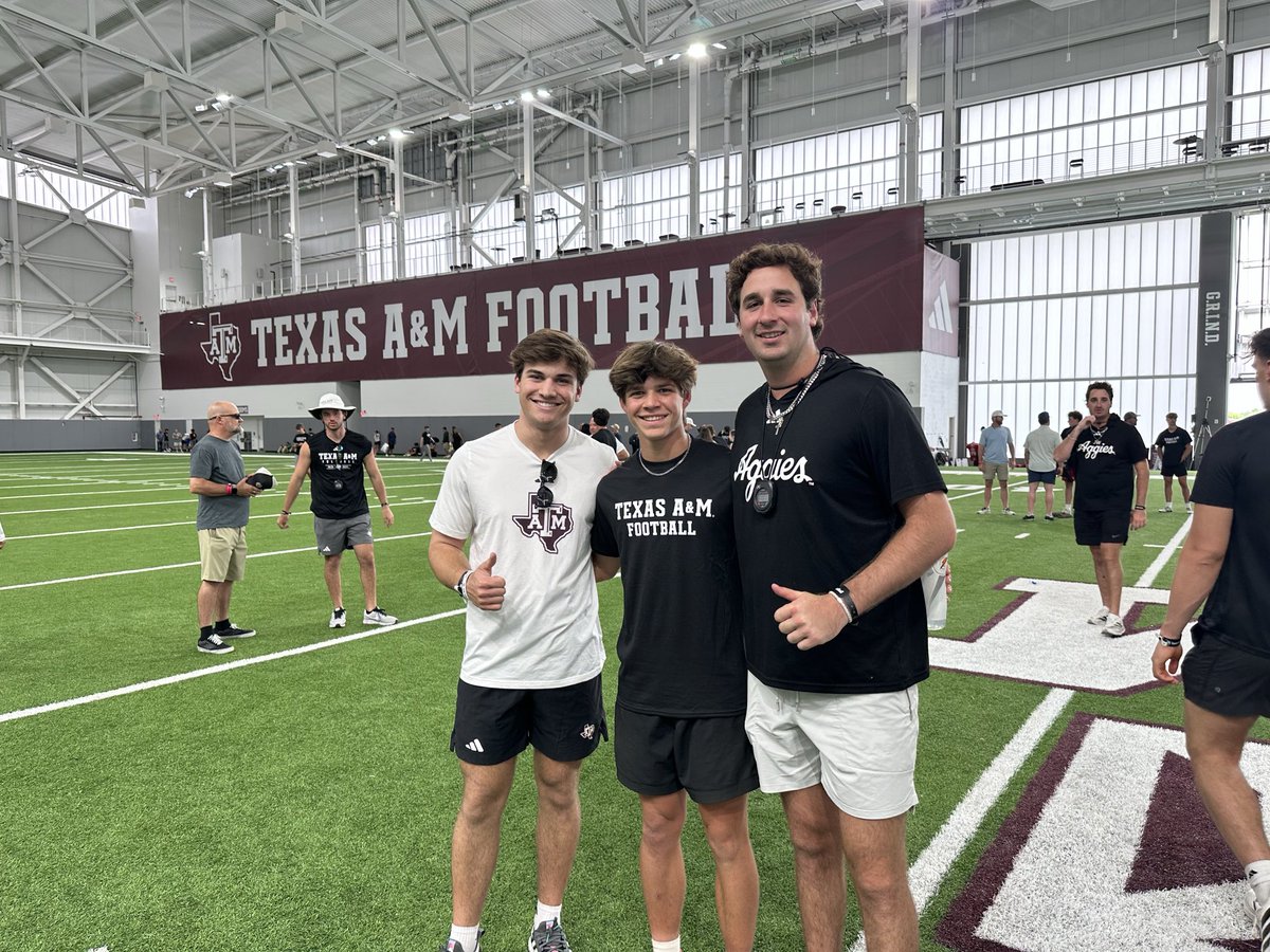 LandonTapella's tweet photo. Great first college football camp experience at Texas A&M University.  Thank you to @Coach_Dougherty and @CoachTThompson for the opportunity to compete and learn.  

Gained great insight on what I need to keep working on from current players and other athletes.  World class facilities.

Amazing cap to the day meeting legendary College Football Hall of Fame Coach @rcslocum.  Huge @AggieFootball experience today!

Continuing the grind…

@LThornburghTAMU 
@_ashermurray 
@tylerwhite2023 
@Matt3Stover 
#kicker 
#punter 
#specialteams 
#classof2030 
#GigEm