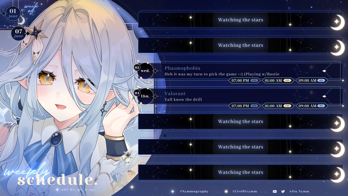 Its_Nymm's tweet photo. ✨ Schedule for June 01 - June 07 ✨

HAIII I'm back from my trip !!! I can't wait to catch up with everyone soon!! (Sorry for the lack of streams this week, I'm a lil sick🥹)

#LiveStrymm ✦ #Nymmography https://t.co/EAiv1WTTlB
