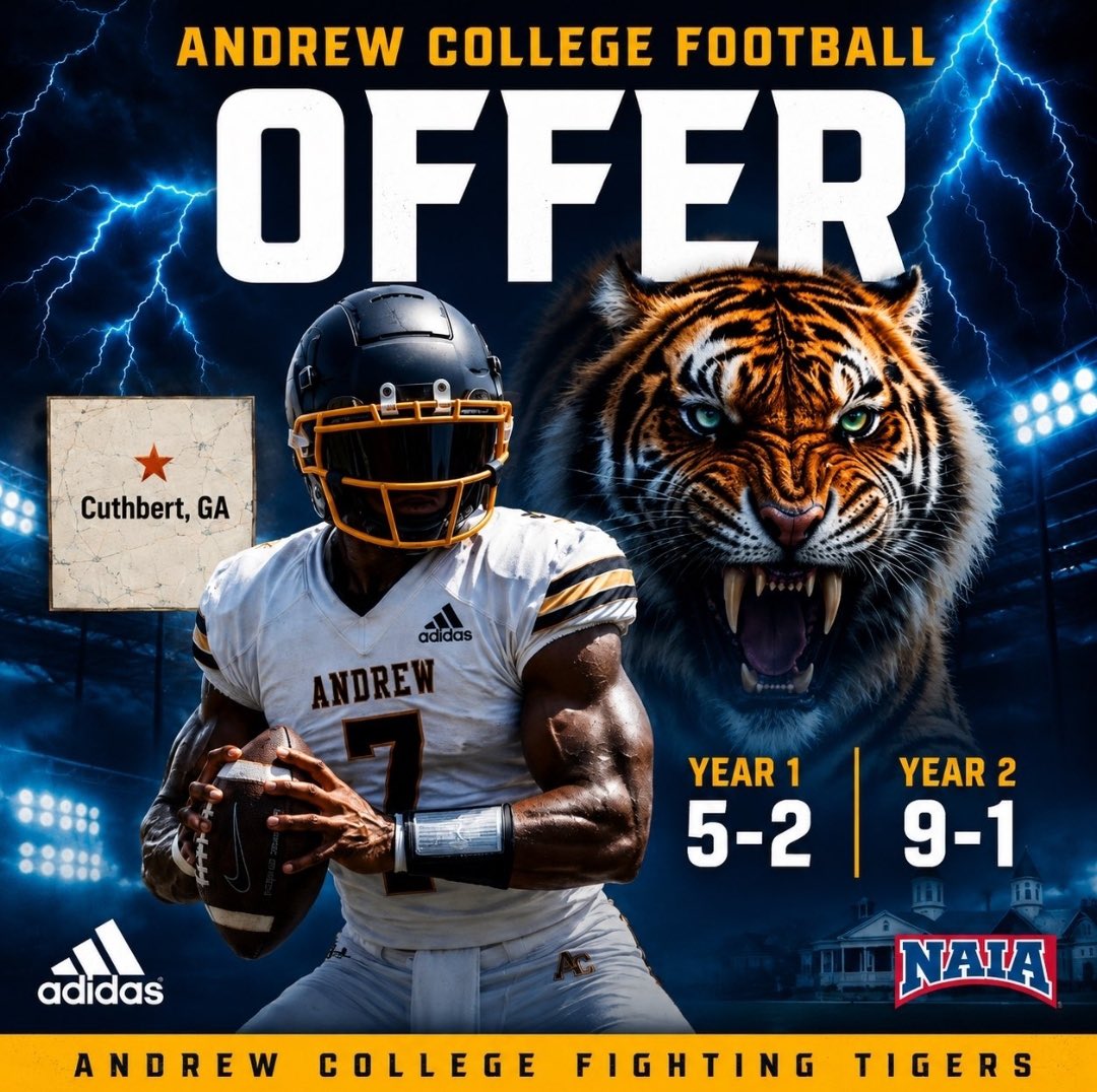 Courtlandtill's tweet photo. I am blessed to receive my first official offer from @Dr_NickGarrett and the @TigersAndrew 
@CoachDaniels06 @RecruitNE_GA @jhsmdb @BigSkippin_75 
#AGTG #AndrewCollegeFootball
#FightingTigers #RecruitNEGA
#CollegeOffer https://t.co/K191XcRzRm