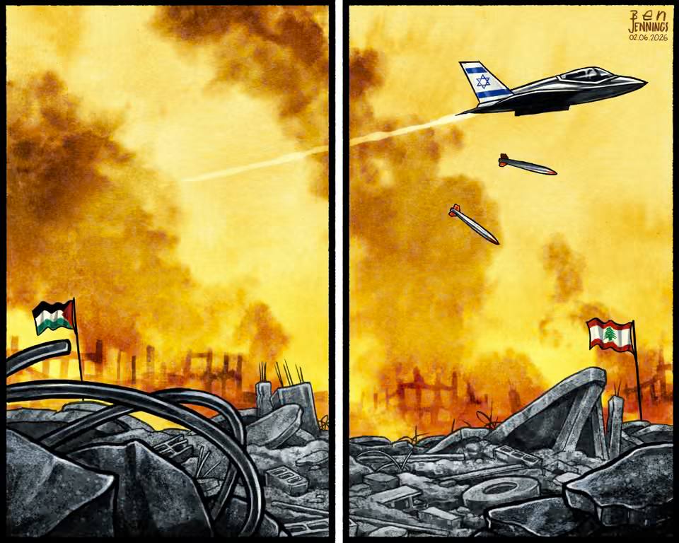 QudsNen's tweet photo. The Guardian publishes a cartoon on the ongoing Israeli attacks on Lebanon. https://t.co/Ex3uf9jQpp