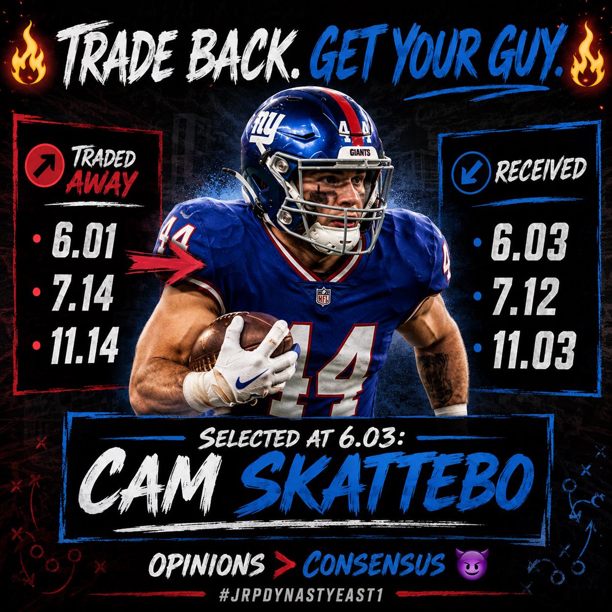 SundayTheoryHQ's tweet photo. After the trade back to acquire some earlier picks, I got the demon that is Cam Skattebo back two spots at 6.03 🚀 Welcome to the team brother 🫡

Will update what I do with the other two picks I moved up for to see the whole trade package 🔥 https://t.co/LKeROYU0Rk
