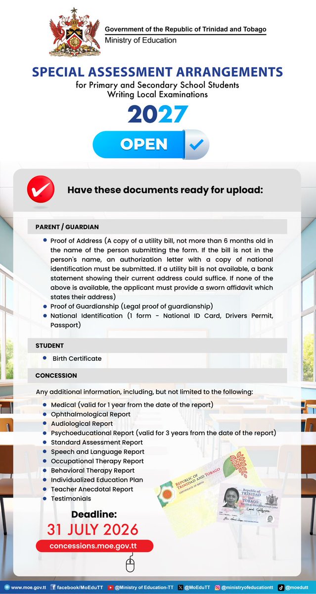 MoEduTT's tweet photo. ❗Special Assessment Arrangements for Primary and Secondary School Students Writing Local Examinations 2027 are OPEN❗

🗓️ Application deadline: 31 July 2026

🔗Apply now: https://t.co/VR9IG33WcP

#SpecialAssessmentArrangements https://t.co/IU4YsfaOVr