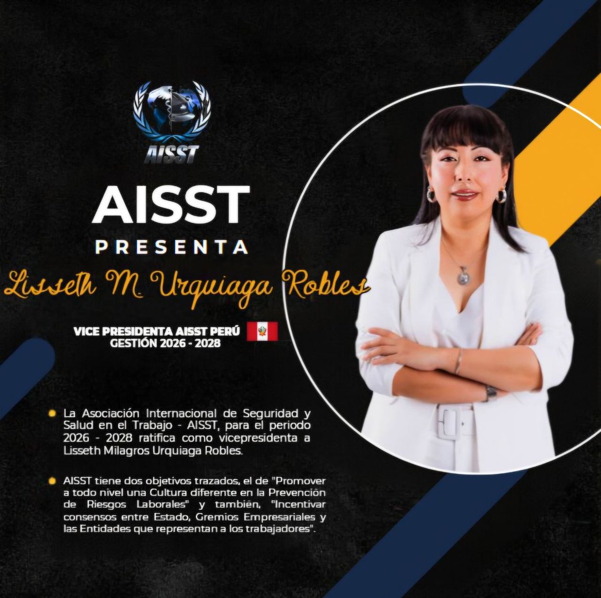 ArgosDaje's tweet photo. En #ArgosDaje como socios estratégicos de #AISST; nos sentimos muy felices; anunciamos que la Ing. Lisseth Urquiaga, a sido ratificada y nombrada Vicepresidenta AISST Perú.  

SEGURIDAD + SALUD PARA TOD@S !!      

#Latam #SGSST #SST #EuropaSST #LatamSST #Chile #prevencion https://t.co/DVXV6Aim92