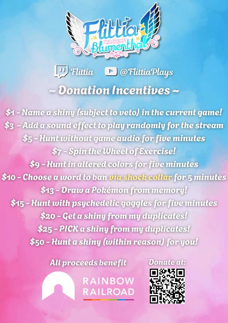 FlittiaTweets's tweet photo. @ShiniesForGood I'll be live this evening (likely at 6:30pm PT) with my first official Pride Month stream! Here are our targets and donation incentives; if you missed my grand return last night, I ended up accidentally finding a shiny alpha Lopunny a few hours early 🤣

#ShinyPokemon #Charity https://t.co/0Teobxj238
