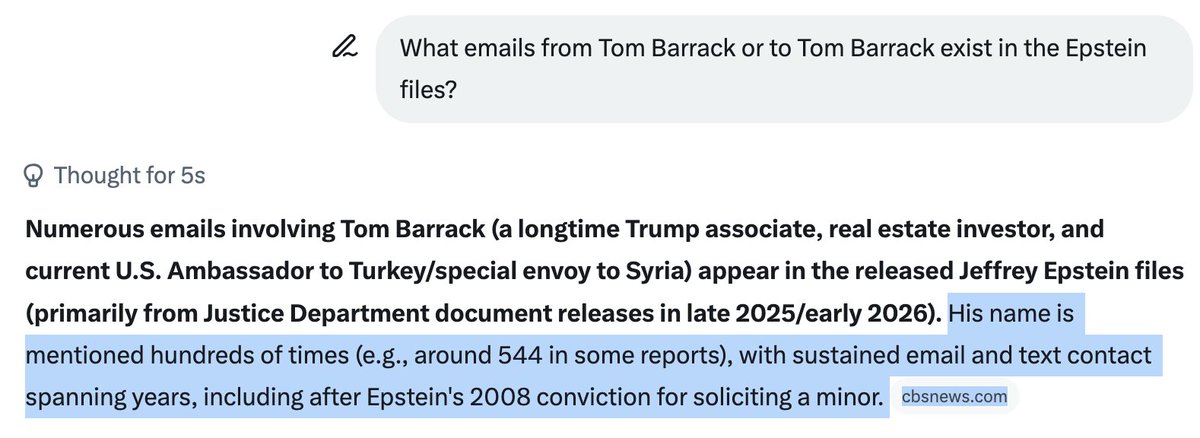 Vetinari3's tweet photo. @AmberWoods100 Tom Barrack "sustained email and text contact spanning years, including after Epstein's 2008 conviction for soliciting a minor." https://t.co/UnIQ11mVje