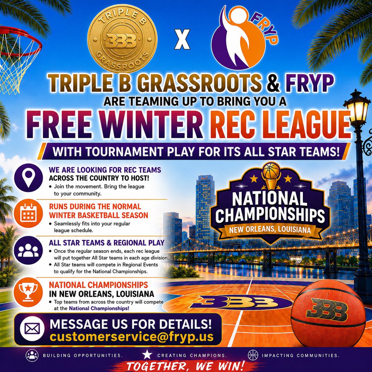 realcoachcole's tweet photo. 🏀 ATTENTION PARKS & RECREATION DEPARTMENTS, YOUTH LEAGUES, COMMUNITY ORGANIZATIONS & BASKETBALL PROGRAMS ACROSS AMERICA! 🏀

The FRYP Platform and the Triple B’s Cares Foundation are teaming up to provide a revolutionary opportunity for communities nationwide!

✅ Launch or enhance your Winter Recreation League
✅ Reduce or eliminate participation costs for families
✅ Generate revenue for your organization
✅ Provide All-Star and Regional Competition Opportunities
✅ Give players a pathway to National Championship competition
✅ Create sustainable fundraising opportunities for your league

Through the power of the FRYP fundraising platform and the support of the Triple B’s Cares Foundation, organizations can build stronger leagues, increase participation, and create new revenue streams—all while making basketball more accessible to the youth in their communities.

Our goal is simple:

🏀 Help communities offer basketball at little to no cost to participants
📈 Help organizations generate the revenue needed to operate and grow
🌎 Expand opportunities for young athletes nationwide
🏆 Provide a pathway to Regional and National Championship competition

Whether you’re a:
• Parks & Recreation Department
• YMCA Program
• Boys & Girls Club
• Community Center
• Church League
• Travel Program
• Youth Sports Organization
• Independent Recreation League

We want to talk with you!

National Championship Opportunity

All-Star teams from participating leagues will have the opportunity to compete in Regional Events and qualify for the National Championships in New Orleans, Louisiana.

Schedule an Information Meeting Today!

Let us show you how FRYP and Triple B’s Cares Foundation can help your organization grow while creating more opportunities for the families you serve.

📧 CustomerService@FRYP.us
📧 events@bigballerbrandinc.com

Building Opportunities. Creating Champions. Impacting Communities.

Together, We Win! 🏆🏀

#FRYP #TripleBCares #YouthBasketball #ParksAndRec #CommunityBasketball #RecLeague #BasketballDevelopment #YouthSports #Fundraising #NationalChampionships #TogetherWeWin #BuildingOpportunities #CreatingChampions #ImpactingCommunities