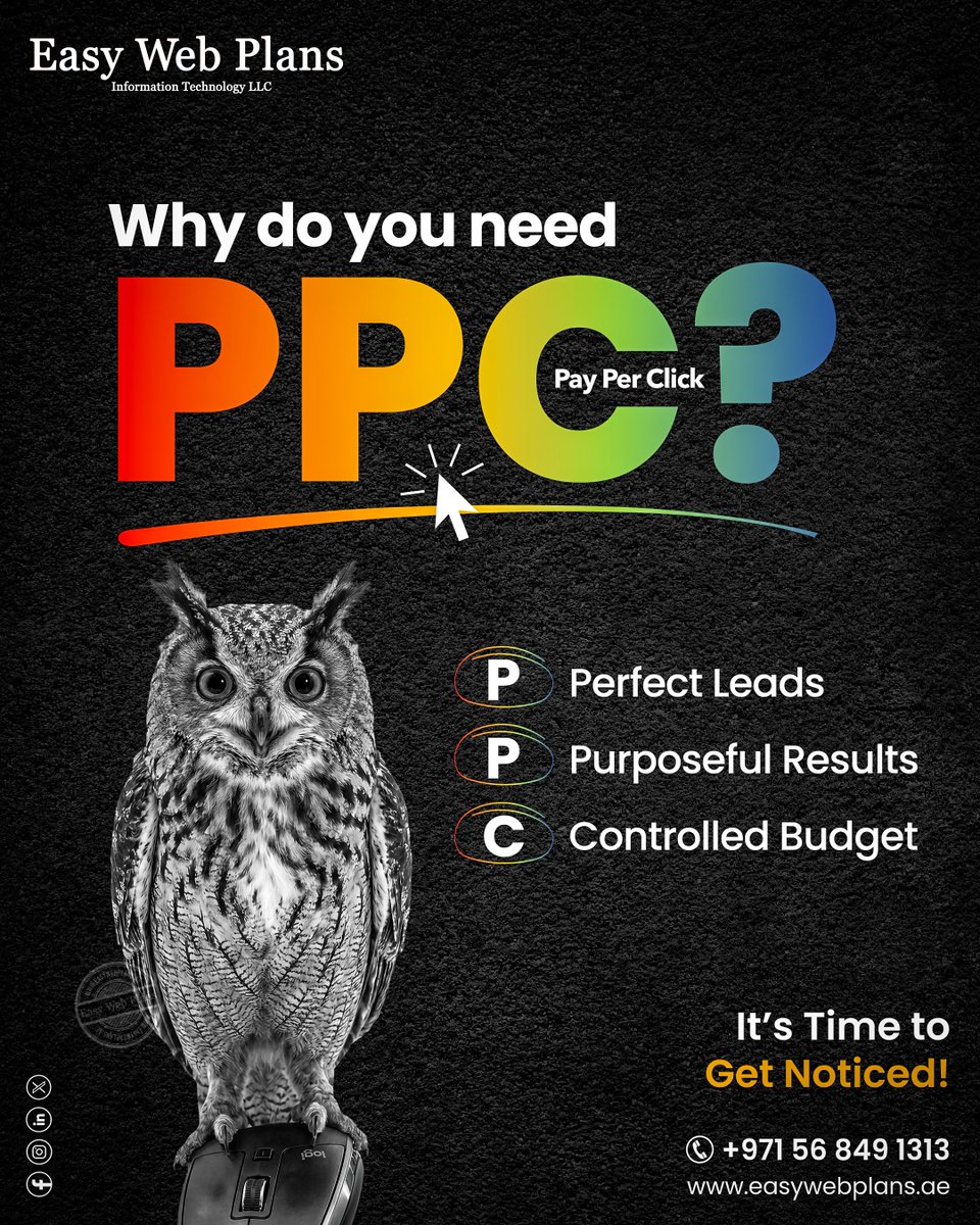 EasyWebPlans's tweet photo. 🎯 Why Does Your Business Need PPC?

PPC advertising delivers instant visibility, quality leads, and measurable results. Put your brand in front of customers who are actively searching for your products and services.

P – Perfect Leads
P – Purposeful Results
C – Controlled Budget

Get noticed, generate leads, and grow faster with professionally managed PPC campaigns.

📞 +971 56 849 1313
🌐 https://t.co/kTBxB5J8XV

#PPC #PayPerClick #GoogleAds #DigitalAdvertising #LeadGeneration #BusinessGrowth #MarketingAgency #OnlineAdvertising #PerformanceMarketing #GoogleMarketing #UAEBusiness #DubaiBusiness #EasyWebPlans #DigitalMarketing #SearchAdvertising #ROI #BusinessSuccess #MarketingSolutions #TargetedAdvertising #PaidAds