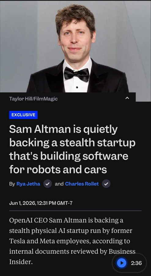 CharlesRollet1's tweet photo. Scoop! Sam Altman is quietly backing a stealth startup building software for cars &amp; robots.

The startup is called Alfred and wants to turbocharge the manufacturing process.

Over the weekend, Altman declared on X that robotics is OpenAI's next frontier. https://t.co/loInx2YdsO