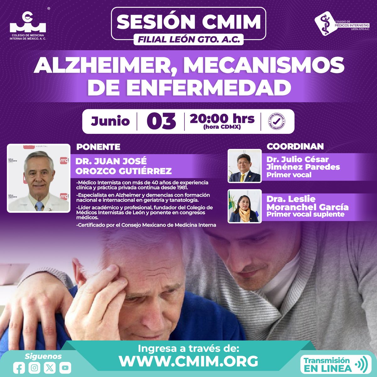 CMIMorg's tweet photo. Próxima sesión académica

“Alzheimer, mecanismos de enfermedad”, impartida por el Dr. Juan José Orozco Gutiérrez.

La cita es el 03 de junio a las 20:00 h (hora CDMX)

Acceso en línea a través de https://t.co/4pjfMTJ1CO

¡Te esperamos para seguir aprendiendo juntos!

#YoSoyCMIM https://t.co/k413JkArFr