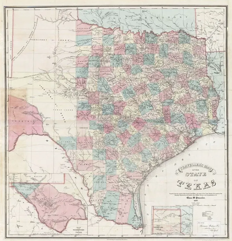 SaveTXHistory's tweet photo. GLO draftsman Charles W. Pressler created the map below to provide important cartographic information for new arrivals to Texas during the Reconstruction era. #MapMonday https://t.co/O052TYLICv