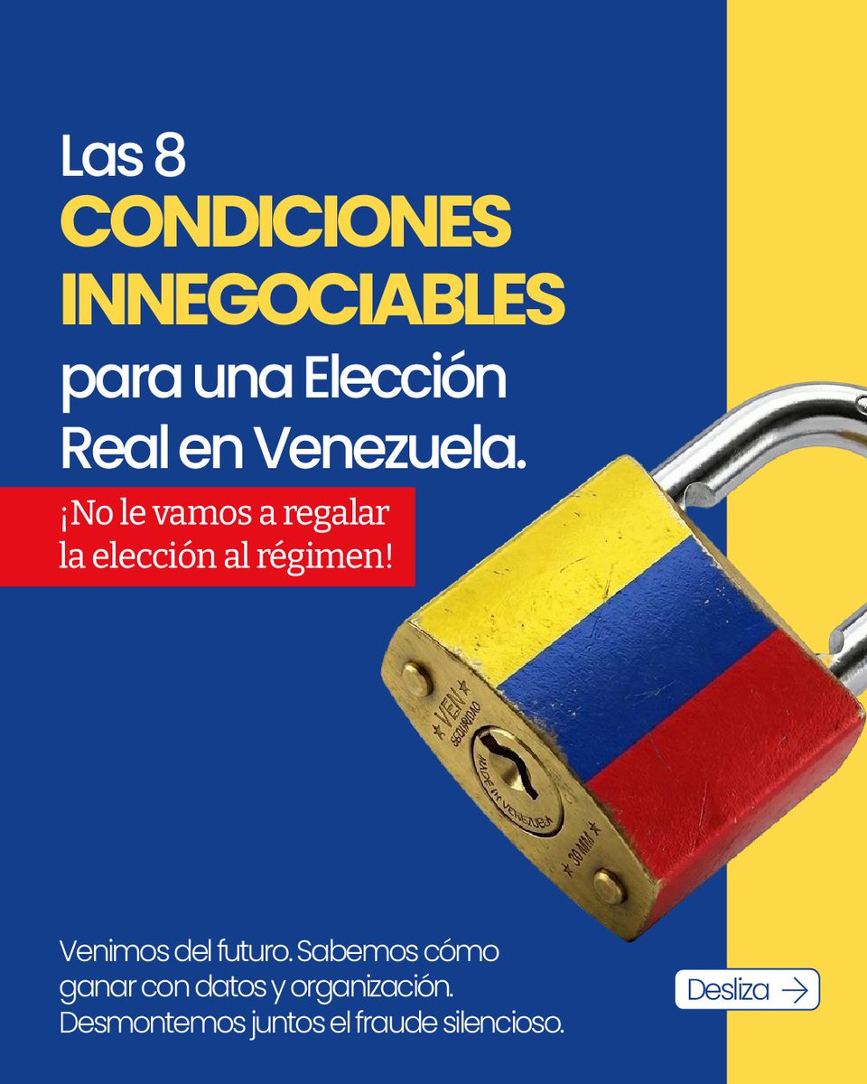 ConVzlaComando's tweet photo. ¡No le vamos a regalar la elección al régimen! 🚨

Tenemos el objetivo claro: pasar de la oscuridad a la reconstrucción total de nuestro país. Para lograr una Elección Real en Venezuela, existen 8 CONDICIONES INNEGOCIABLES que debemos defender con firmeza en cada rincón. 🏛️🇻🇪 https://t.co/LSJkZta2Ve