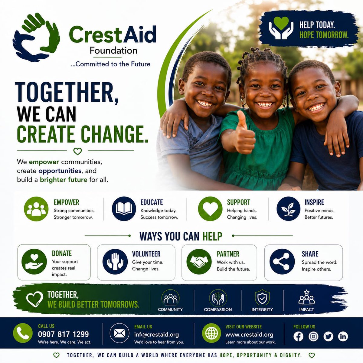 crestaid's tweet photo. We empower communities, create opportunities, and build a brighter future for all. #crestaid #creataidfoundation #CommunityDevelop #energy #empowerment https://t.co/cmFyoiCpXE
