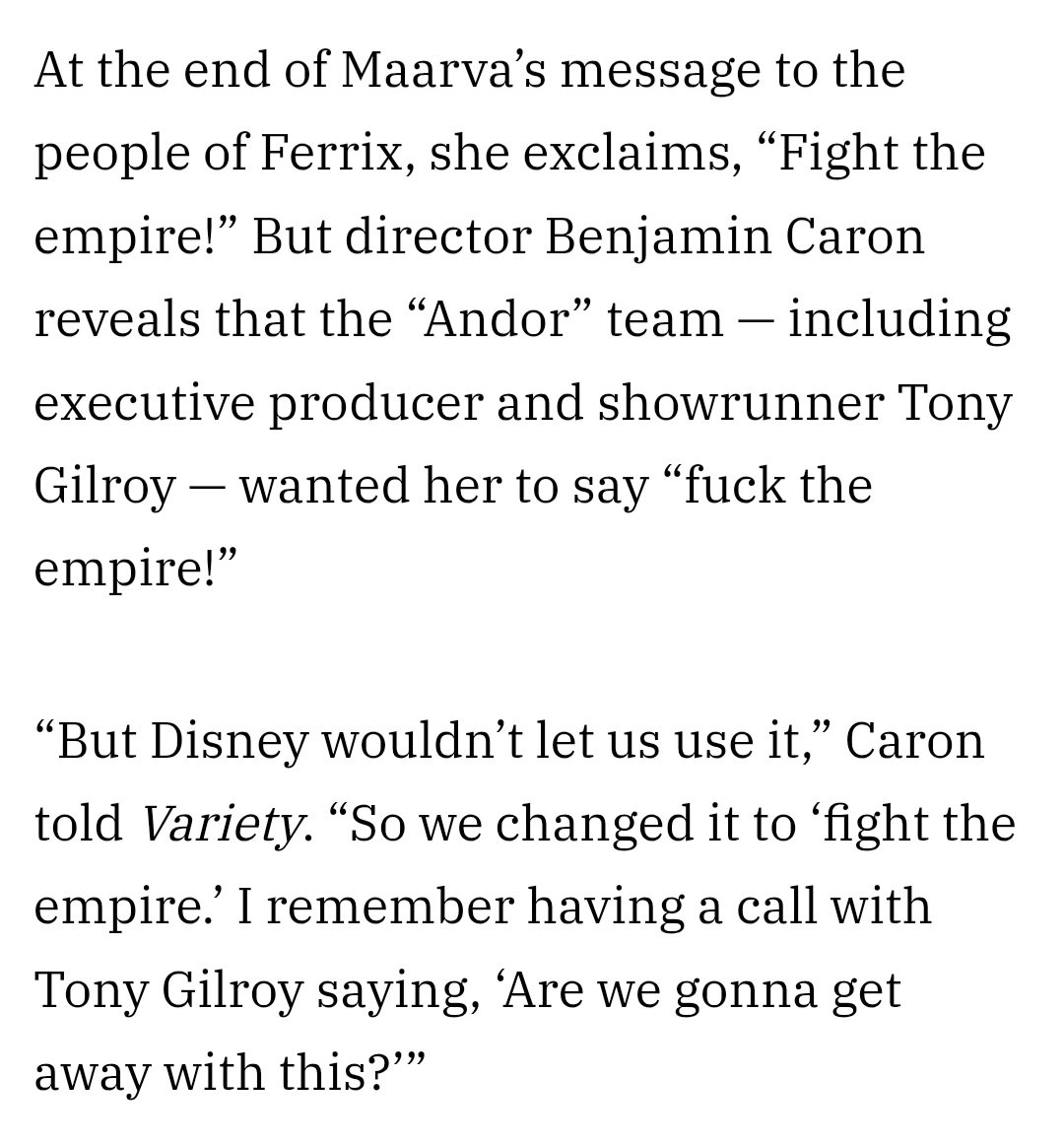 predator467's tweet photo. People will swear to you that Andor is  a great show and that Tony Gilroy is a genius meanwhile Gilroy unironically wanted an old lady to yell "FUCK THE EMPIRE!" https://t.co/zKcOfFuO8H