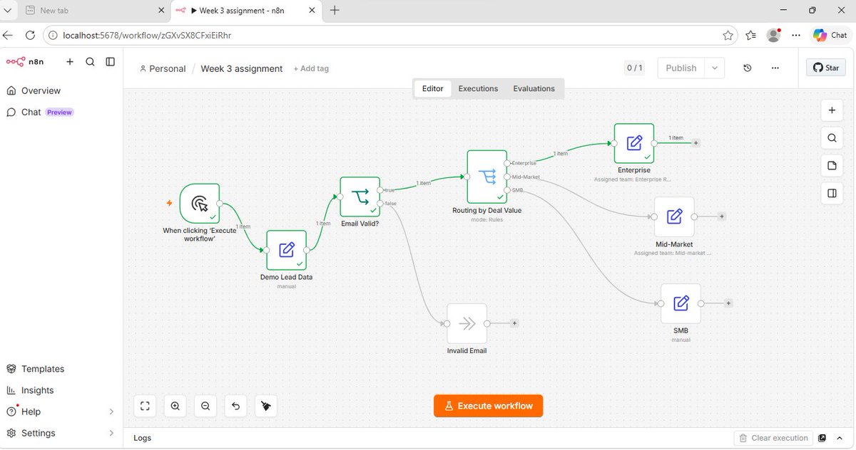 Ima_tech1J's tweet photo. Yesterday I built my second workflow 🎉

It demonstrates error handling, conditional logic, and intelligent routing.

I made use of a manual trigger node, four (4) edit field nodes, an IF node, a No Operation node, and a switch node. https://t.co/j8kFry5Hjv