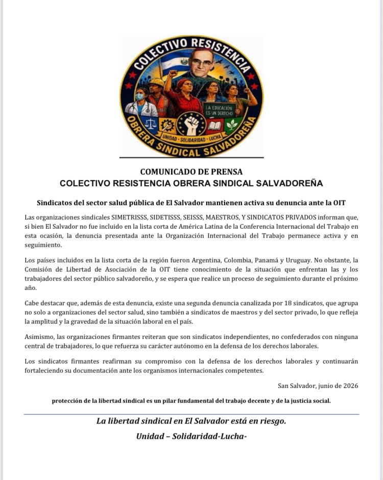 DiarioCoLatino's tweet photo. El Colectivo de Resistencia Obrera Sindical Salvadoreña aseguró que, aunque El Salvador haya quedado fuera de la lista corta de la Organización Internacional del Trabajo (OIT), esto no significa que la lucha sindical por el respeto a los derechos laborales y sindicales esté perdida. Asimismo, señaló que las quejas presentadas por colectivos defensores de los derechos laborales vuelven a poner en el contexto internacional la situación de El Salvador en esta materia.