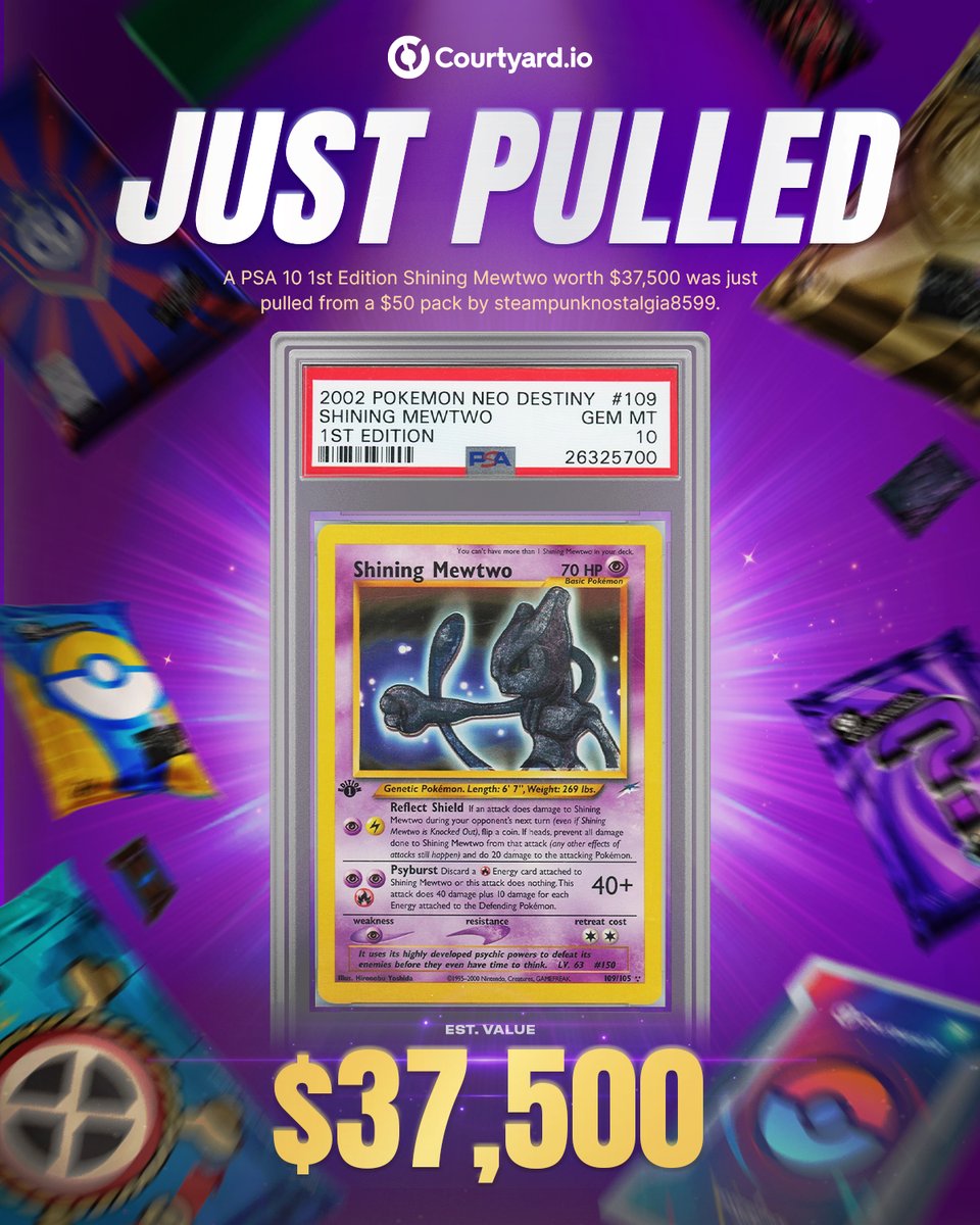 Courtyard_io's tweet photo. $37.5K MEWTWO HIT FROM A $50 PACK 🤯

Bounty Grail pulled. They're shipping it home.

Insanity. Should we run it back? 👀 https://t.co/haGSafFCZt