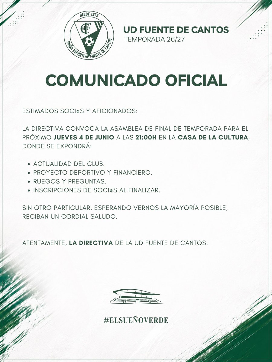 UDFDC's tweet photo. #COMUNICADO

- COMUNICADO OFICIAL -

‼️ SE CONVOCA A LOS SOCI@S A ASAMBLEA EL PRÓXIMO JUEVES 4 DE JUNIO A LAS 21:00H EN LA CASA DE LA CULTURA.

#ElSueñoVerde https://t.co/dab5tZIn8N