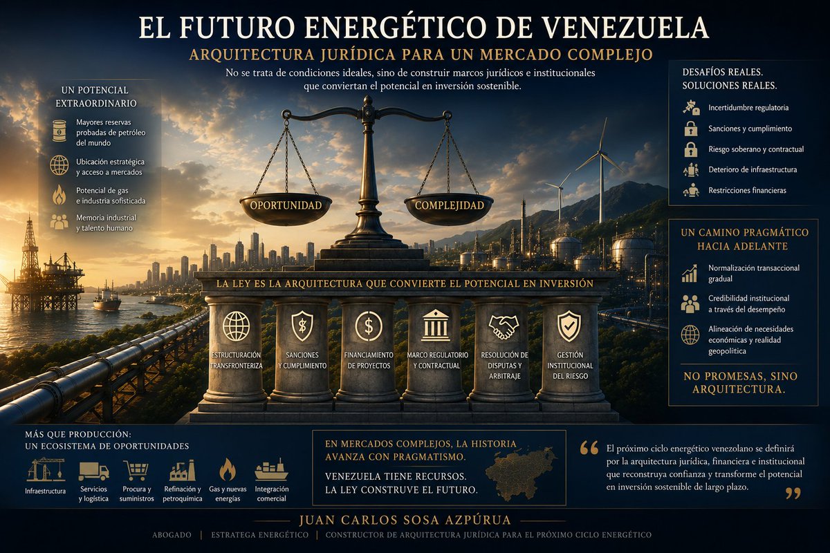 jcsosazpurua's tweet photo. La Nueva Apertura Energética Venezolana: arquitectura Jurídica para un Mercado Complejo

por Juan Carlos Sosa Azpúrua

Existen momentos en la vida de las naciones en los que la historia deja de avanzar de manera gradual y comienza, en cambio, a acumular presión bajo la superficie, como placas tectónicas preparándose para un desplazamiento inevitable. Venezuela podría estar acercándose de nuevo a uno de esos momentos.

Durante años, las discusiones sobre el sector energético venezolano han oscilado entre el optimismo excesivo y el fatalismo apocalíptico. Ambas perspectivas han fracasado por la misma razón: malinterpretan la verdadera naturaleza del desafío. 

La futura reapertura energética de Venezuela no estará determinada solo por la geología, la ideología o incluso la política. Estará determinada por el diseño institucional, la sofisticación jurídica y la capacidad de estructurar marcos transfronterizos viables dentro de una de las jurisdicciones más complejas del mundo energético moderno.

El país posee las mayores reservas probadas de petróleo del planeta, acceso geográfico estratégico a los mercados atlánticos, un importante potencial gasífero, una industria de hidrocarburos sofisticada y una cultura energética arraigada en su memoria institucional a lo largo de la historia. Sin embargo, estas ventajas coexisten con un profundo deterioro de infraestructura, incertidumbre regulatoria, exposición a sanciones, fragilidad contractual, riesgos arbitrales y severas limitaciones financieras.

Esta paradoja es la que definirá el próximo ciclo energético venezolano. La reapertura del sector Oil & Gas y de Energía y Recursos Naturales de Venezuela ya no es una discusión teórica. Ajustes regulatorios, la evolución de los esquemas de sanciones, el regreso selectivo de operadores internacionales y la creciente competencia geopolítica por la seguridad energética han comenzado a redefinir el panorama estratégico. 

La pregunta ya no es si la actividad regresará, sino bajo qué arquitectura jurídica esa actividad podrá convertirse en sostenible.

Uno de los mayores errores analíticos en las discusiones contemporáneas sobre Venezuela consiste en asumir que el desarrollo económico o energético a gran escala solo puede surgir a partir de condiciones políticas ideales. La historia demuestra lo contrario. 

Algunas de las expansiones energéticas más significativas del mundo han ocurrido no en entornos institucionales perfectos, sino en sistemas complejos, transicionales y, muchas veces, contradictorios en el aspecto político. Los mercados no operan en exclusivo según la pureza ideológica o las expectativas electorales. Operan según incentivos, necesidad estratégica, adaptabilidad jurídica, presión geopolítica y la construcción gradual de certidumbre operativa.Esta distinción es esencial para comprender el momento actual de Venezuela.

Un número creciente de actores políticos continúa interpretando el futuro del país solo a través de narrativas electorales inmediatas, presentando la recuperación económica como imposible sin una transformación política total previa. Tales interpretaciones pueden servir objetivos políticos de corto plazo, pero con frecuencia no reflejan la manera en que el capital internacional, los mercados energéticos y los inversionistas estratégicos se comportan en la práctica respecto a entornos complejos del mundo real.

Durante su historia, la industria energética global ha operado en jurisdicciones marcadas por complejidad regulatoria, tensiones políticas, exposición a sanciones, asimetrías institucionales y estructuras de gobernanza imperfectas. Lo que en verdad representa el factor determinante no es la existencia de condiciones utópicas, sino la posibilidad de que emerjan marcos jurídicos y operativos funcionales como para permitir inversiones escalables y protegidas.

Y precisamente allí podría estar entrando Venezuela en una nueva etapa. La adaptación regulatoria incremental, ciertas flexibilidades selectivas en materia de sanciones, intereses geopolíticos estratégicos, necesidades de infraestructura y la magnitud misma de las reservas venezolanas están generando presiones que trascienden la retórica política doméstica. Operadores internacionales, compañías de servicios, fondos de infraestructura y actores financieros no evalúan la realidad desde absolutos emocionales o ideológicos; evalúan oportunidades ajustadas al riesgo.

Esto no implica ingenuidad respecto a los desafíos institucionales de Venezuela. Por el contrario, es porque esos desafíos siguen siendo significativos que una sofisticada arquitectura jurídica se vuelve indispensable.

El próximo ciclo energético venezolano, por tanto, es probable que no emergerá de una súbita perfección política. Mucho más plausible es que evolucione mediante una normalización transaccional gradual, estabilización institucional selectiva, estructuración transfronteriza estratégica y una alineación progresiva entre necesidad económica y realidad geopolítica. En mercados complejos, la historia rara vez avanza mediante transiciones inmaculadas. Con frecuencia, avanza mediante pragmatismos negociados. Y los mercados energéticos entienden esto mejor que la mayoría.

Y es aquí donde comienza el verdadero desafío. La próxima fase del desarrollo energético venezolano requerirá mucho más que capacidad de perforación o acuerdos políticos. Será indispensable la reconstrucción de certidumbre jurídica en un entorno donde el riesgo soberano, el cumplimiento de sanciones, los mecanismos de ejecución, la exposición tributaria, las estructuras de financiamiento y los sistemas de resolución de disputas se convertirán en componentes centrales de toda transacción significativa.

En la práctica, esto significa que las futuras operaciones energéticas en Venezuela exigirán una sofisticada coordinación multidisciplinaria que involucre:

estructuración transfronteriza;
navegación regulatoria y de sanciones;
financiamiento de proyectos;
análisis regulatorio;
acuerdos de infraestructura;
preparación arbitral;
gobierno corporativo;
y gestión institucional del riesgo.

En otras palabras, Venezuela es muy probable que se convertirá no solo en un mercado energético, sino en uno de los mercados energéticos más exigentes del hemisferio en el plano jurídico.

Esta realidad crea una oportunidad significativa para firmas e instituciones capaces de combinar entendimiento local con capacidad de ejecución internacional. Los futuros ganadores del proceso de reapertura serán aquellos capaces de estructurar marcos jurídicos y financieros resilientes, capaces de sobrevivir la volatilidad política y la incertidumbre institucional. La importancia de esta dimensión jurídica no puede subestimarse.

La inversión energética moderna ya no opera mediante modelos puramente locales. El capital hoy funciona a través de estructuras multicapa que involucran múltiples jurisdicciones, agencias regulatorias, sistemas de cumplimiento, redes bancarias internacionales y mecanismos globales de resolución de disputas. En lo particular, en el caso venezolano, futuros proyectos requerirán interacción simultánea con la política energética y licitatoria de los Estados Unidos, sistemas regulatorios latinoamericanos, estructuras financieras europeas y marcos arbitrales internacionales. Y esta complejidad transforma la arquitectura jurídica en infraestructura estratégica.

De hecho, una de las realidades más ignoradas de la reapertura venezolana es que las primeras oportunidades de gran escala podrían emerger no de la producción misma, sino del inmenso ecosistema que rodea el desarrollo energético:

rehabilitación de infraestructura;
servicios y logística;
estructuras de financiamiento;
procesos de reclamos y reestructuración;
sistemas de procura;
transporte;
refinación;
monetización de gas;
e integración comercial transfronteriza.

Las implicaciones jurídicas de estos sectores son enormes. También es importante la dimensión psicológica del reingreso al mercado. Los operadores e inversionistas internacionales no buscan en exclusivo la rentabilidad; necesitan previsibilidad. Requieren contrapartes institucionales creíbles, sistemas contractuales ejecutables, asesoría jurídica sofisticada y estructuras operativas capaces de mitigar incertidumbre. Por ello, la reapertura venezolana no dependerá solo de una normalización política. Necesitará que el país pueda ir generando la credibilidad institucional necesaria para sostener flujos de inversión de largo plazo.

Sin embargo, pese a los desafíos innegables, Venezuela conserva una ventaja estratégica que no debe subestimarse: la escala. Muy pocas jurisdicciones energéticas del mundo combinan:

reservas masivas;
proximidad a grandes mercados;
memoria industrial existente;
capacidad de refinación;
potencial petroquímico;
integración minera;
y posicionamiento geográfico estratégico.

Entonces, la cuestión energética venezolana continúa atrayendo atención internacional pese a años de inestabilidad. Los mercados energéticos entienden algo fundamental: la geología termina imponiéndose en la historia. Las naciones capaces de transformar recursos naturales en civilización, sin embargo, no tienen el porqué ser aquellas con mayores reservas, sino las que tengan la capacidad de construir los sistemas jurídicos e institucionales requeridos para convertir oportunidad en inversión ejecutable. Esta será la verdadera prueba de Venezuela.

El próximo ciclo energético venezolano no estará definido solo por precios petroleros o narrativas políticas. Lo definirá la arquitectura jurídica, financiera e institucional capaz de reconstruir confianza dentro de un entorno internacional muy complejo. Y en ese proceso, el derecho dejará de ser solo un instrumento técnico para convertirse en uno de los motores centrales de la reconstrucción nacional.

ver: https://t.co/JmBbqdQclW