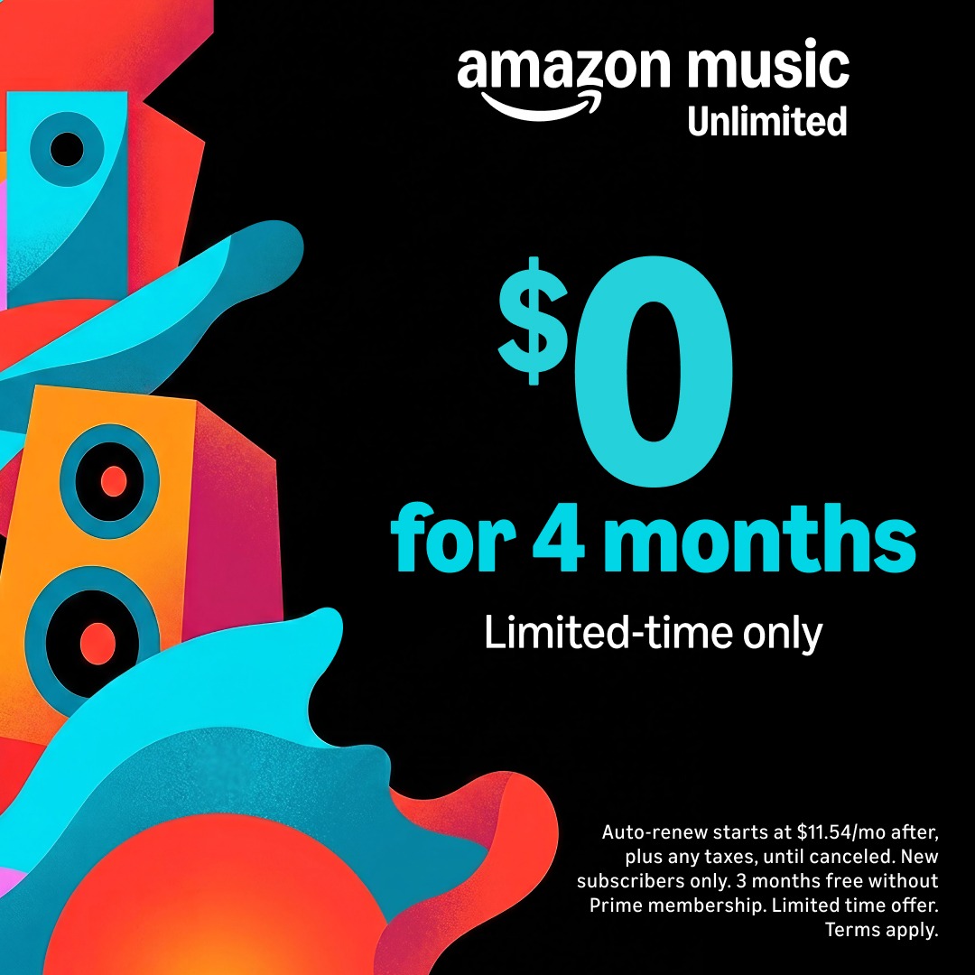 amazonmusic's tweet photo. Free 4 months of unlimited access to ad-free music for a limited time. Terms apply.