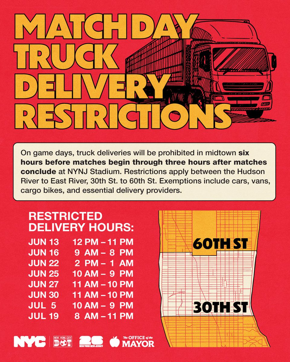 NYC_DOT's tweet photo. The World Cup is coming, and Midtown deliveries will look different ⚽️🚚📦 
 
Truck deliveries will be restricted between 30th and 60th Streets on match days. 
 
Cars, vans, cargo bikes, and local service vehicles will still be allowed. 
 
Details: https://t.co/k07nIy2nsd https://t.co/kdy81Ae15r
