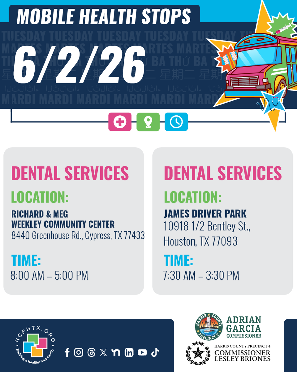 hcphtx's tweet photo. Mobile Health Events This Week!  🚐
Don't miss us this week! Our mobile health unit has multiple stops lined up, find the one closest to your schedule and stop by today
🗓️ June 1 - 6
🔗 View the full schedule:
https://t.co/ms3cG40FAu
🤝 @HCPrecinct4,  @HarrisCoPct2, @hcpct1,  @HarrisCoPct3