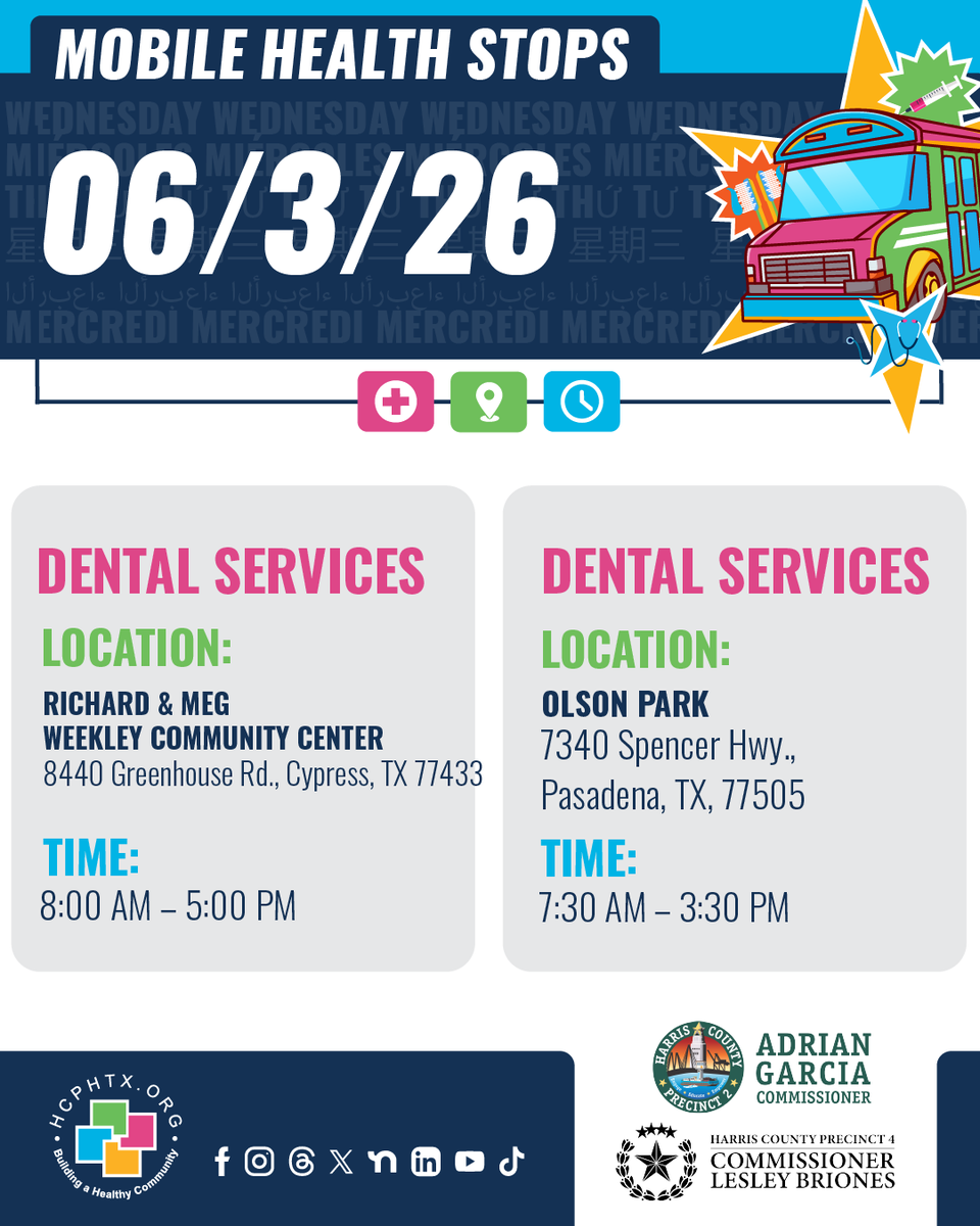 hcphtx's tweet photo. Mobile Health Events This Week!  🚐
Don't miss us this week! Our mobile health unit has multiple stops lined up, find the one closest to your schedule and stop by today
🗓️ June 1 - 6
🔗 View the full schedule:
https://t.co/ms3cG40FAu
🤝 @HCPrecinct4,  @HarrisCoPct2, @hcpct1,  @HarrisCoPct3