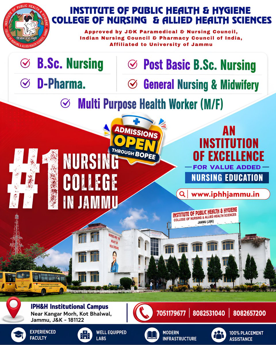 IPHHJammu's tweet photo. Begin your healthcare journey with IPHH, Jammu — a trusted institution approved by J&amp;K Paramedical &amp; Nursing Council, INC, and PCI, affiliated with the University of Jammu.
100% Internship &amp; Placement Assistance
📞 7051179677 | 8082531040 | 8082657200
#NursingAdmissions https://t.co/WOfyYZAHeb