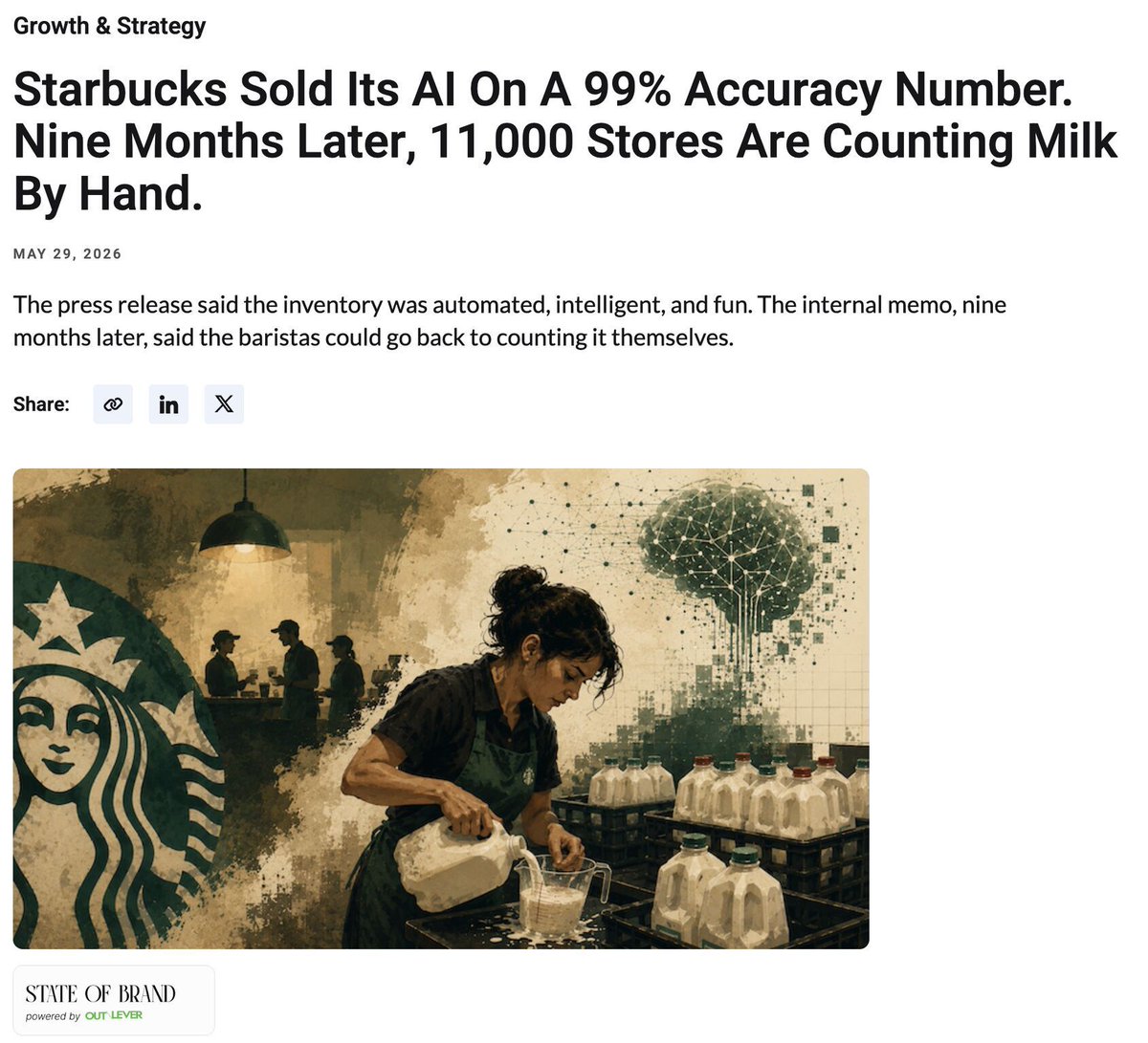 BrandonKHill's tweet photo. スターバックスが「精度99%」のAI在庫管理ツールを9ヶ月で廃止した。この、「精度99%」が「きれいな倉庫、良い照明、整理された棚」じゃないと、正常に作動しないらしく、実際のラッシュ時のバックルームでは誤認識が続出。バリスタがAIの間違いを手動で直す羽目になり、仕事が減るどころか増えた。 https://t.co/7IvbfQWjhz