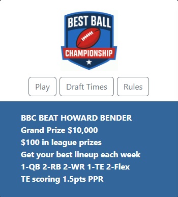 rotobuzzguy's tweet photo. This week's Beat Bender Best Ball Livestream Draft will be Thursday, June 4 at 9pm ET on @RTFSnews!

$20 entry -- $10,000 grand prize

Sign-ups are now open -- first come, first served.

Go to https://t.co/N5CBOITHGz &amp; get a 50% match on your 1st deposit!! https://t.co/IwsruliLe7