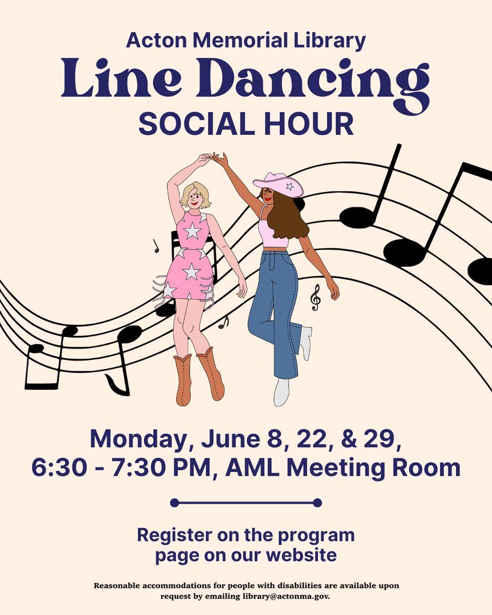 ActonMemLibrary's tweet photo. Line Dancing Social Hour! Mon, June 8, 6:30—7:30 PM, AML Meeting Room. Learn new dances or dance some of your favorites! This is not a structured lesson, just an opportunity to dance socially with others. Sign up here: https://t.co/Ip9JuMV57U 

See bio for accessibility info. https://t.co/Cga0cZYE6X