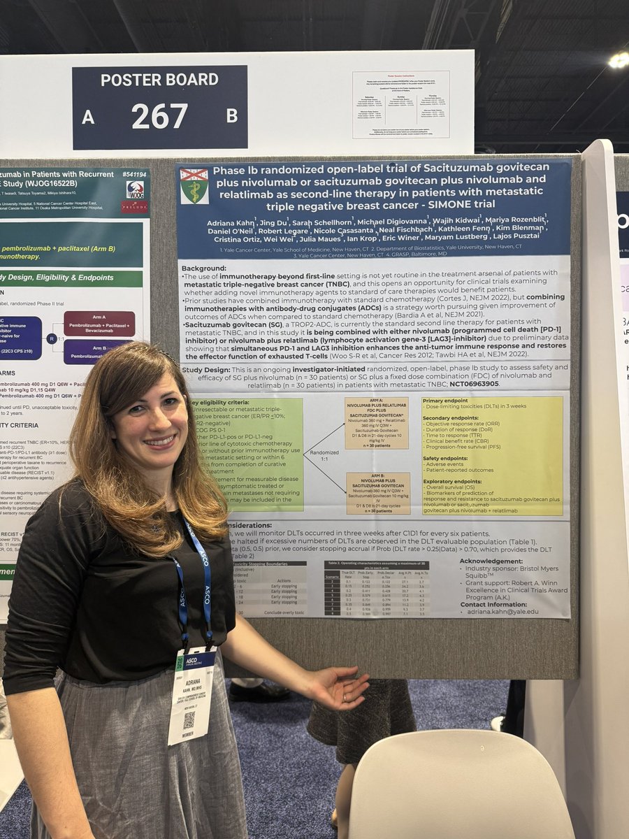 YaleCancer's tweet photo. .@AdrianaKahnMD shares data on a ph Ib trial #ASCO26: SIMONE (NCT06963905) tests whether adding immunotherapy to sacituzumab govitecan (SG) can improve outcomes in met #TNBC. Patients receive SG + nivolumab vs SG + nivolumab/relatlimab. #ASCO26 @ASCO @YaleBreast @SmilowCancer @OncoAlert