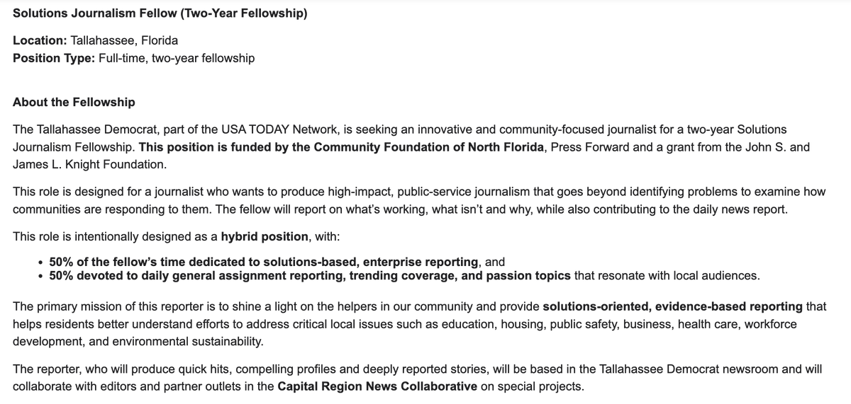 30newsletter's tweet photo. The Tallahassee Democrat is taking applications for a two-year solutions journalism fellow. https://t.co/L5mADP0wm6 https://t.co/bu1bSEZmYs