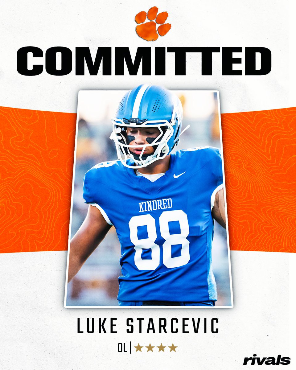 Rivals's tweet photo. 🚨BREAKING🚨 4-star OL Luke Starcevic has committed to Clemson, @GregSmithRivals reports🐅

Read: https://t.co/UHaXacFrNB https://t.co/Zr4nOvR0rr