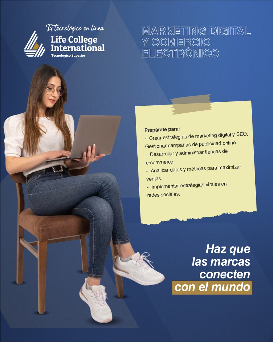LifeCollegeEc's tweet photo. “Haz que las marcas conecten con el mundo.” ✨
Prepárate para crear estrategias digitales, gestionar campañas y potenciar marcas en el mundo online. 🛒
📲 Escríbenos 
#MarketingDigital #Ecommerce #SocialMedia #PublicidadDigital #Marketing #NegociosDigitales #FuturoProfesional https://t.co/wvHqGV7XM5
