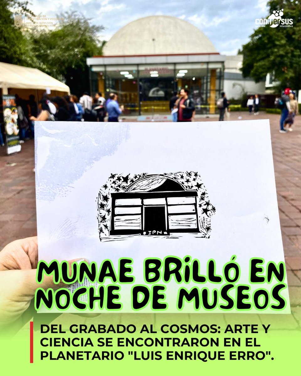 Conversus_IPN's tweet photo. ✨🎨 Ciencia + arte en la #NocheDeMuseos 🙌
El @munaemexico llegó al @PLEE_IPNoficial 🔭 del @IPN_MX  con talleres de linotatuajes y grabado espacial 🪐🖌️
También hubo ⚽️📐 “#Futbol con F de física” con la @ESIA_Tic_IPN 
¡Nos vemos en junio para otra noche increíble! 💫👨‍👩‍👧‍👦 https://t.co/7rcb50n5yV