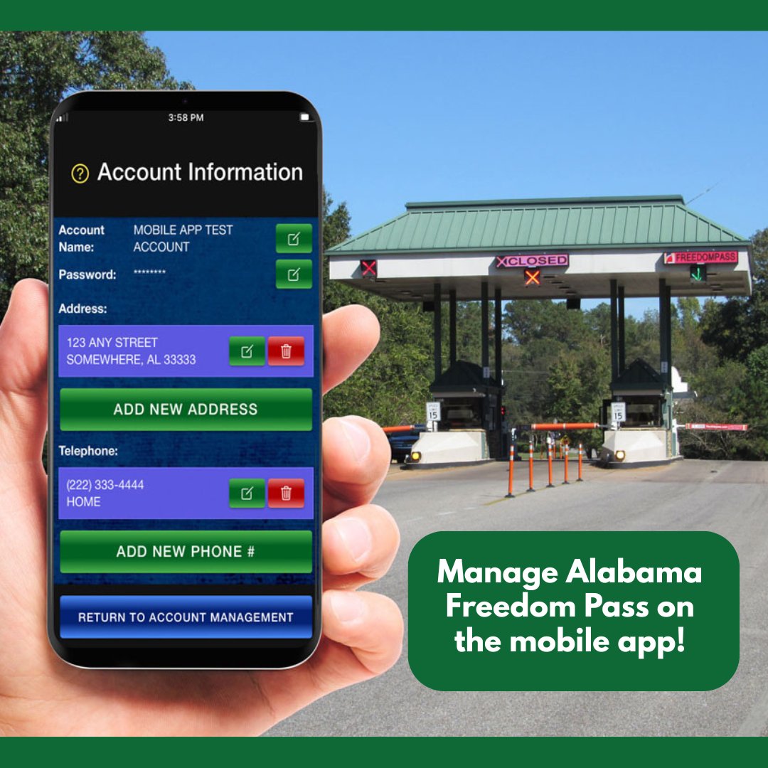 emxalerts's tweet photo. If you're not using the online portal or app to manage your Alabama Freedom Pass, you're missing out!  With online enrollment in Alabama Freedom Pass, you never have to worry about reloading your account balance.  Learn more: https://t.co/888xfiYlsb https://t.co/2HSYDcnRoI