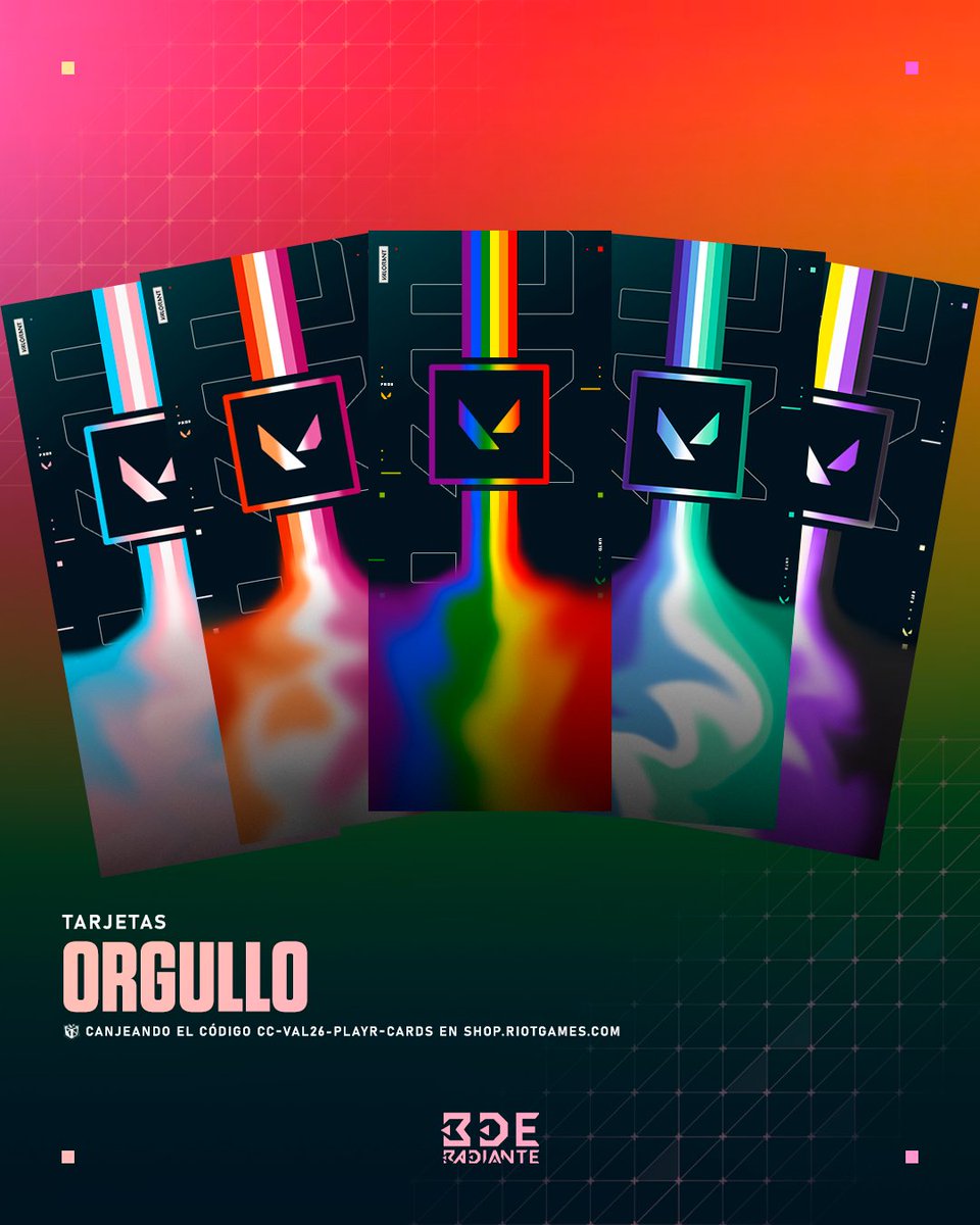 BDERADIANTE's tweet photo. Nuevos códigos gratis en #VALORANT: Mes del Orgullo 🌈 

Título «Lugar Seguro»
CC-VAL26-HOLDN-SPACE

Spray «Puro Amor»
CC-VAL26-ALLUV-SPRAY

Tarjetas de jugador «Orgullo»
CC-VAL26-PLAYR-CARDS

Canjéalos dentro del juego o en la web: https://t.co/dSSQluFxIO https://t.co/Ek1MypdeBJ