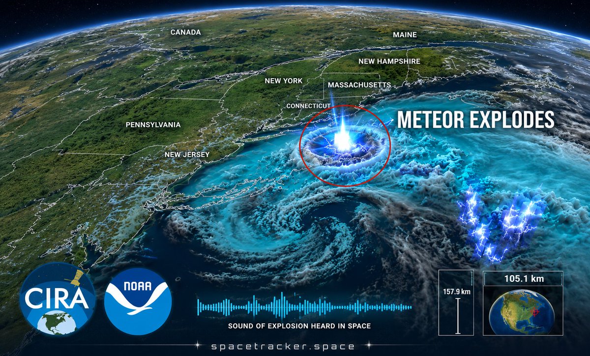Ammar1176708's tweet photo. 🚨☄️ BREAKING: POSSIBLE METEOR EXPLOSION DETECTED OVER THE NORTH ATLANTIC
Processed by https://t.co/7Y1mPuUTIJ
A striking GOES-19 satellite visualization has captured what appears to be an intense atmospheric energy release east of New England on May 30, 2026, at approximately 18:10 UTC.

The event, highlighted in satellite imagery shared by weather analyst Frankie Lucena, shows a bright flash-like signature over the Atlantic Ocean south of Nova Scotia and east of Massachusetts.

🔍 WHAT ARE WE SEEING?

The image reveals:

☄️ A sudden bright thermal signature visible in satellite fire-detection products.

🌩️ Active thunderstorm complexes nearby producing lightning activity.

🌊 A large cyclonic cloud system over the North Atlantic.

📡 Detection by NOAA's GOES-19 satellite using CIRA visualization products.

At first glance, the flash resembles the signature often associated with a bolide - a large meteor entering Earth's atmosphere and exploding before reaching the surface.

⚠️ IMPORTANT

At the time of writing, no official confirmation has been released by NOAA, NASA, the American Meteor Society, or other scientific agencies identifying the flash as a meteor impact or confirmed bolide.

Alternative explanations may include:

• Transient satellite sensor artifacts
• Lightning-related optical effects
• Atmospheric electrical phenomena
• Space debris re-entry
• Genuine meteor airburst
Scientists typically require multiple data sources before confirming a meteor event, including:
✅ Satellite observations
✅ Infrasound detections
✅ Radar measurements
✅ Ground eyewitness reports
✅ Meteor network recordings
🌍 WHY THIS MATTERS
Large bolides can release energy equivalent to several tons of TNT high in Earth's atmosphere.

Historic examples include:

☄️ Chelyabinsk, Russia (2013)
~500 kilotons of energy
Thousands of windows shattered
☄️ Bering Sea Bolide (2018)
One of the most powerful atmospheric explosions of the satellite era
If confirmed, this North Atlantic event would become another valuable data point for understanding how Earth interacts with incoming space objects.
📊 INITIAL ASSESSMENT
Confidence that a significant atmospheric flash occurred:
█████████░ 90%

Confidence that it was a meteor:
██████░░░░ 60%

Confidence that further investigation is required:
██████████ 100%

🌎 SpaceTracker Analysis

The location appears favorable for satellite detection but unfavorable for eyewitness observations because much of the region lies over ocean waters. This means confirmation may rely heavily on satellite, radar, and infrasound data.
Researchers and meteor observers will likely review additional datasets over the coming days to determine the true nature of the event.
📡 Follow ongoing investigations.
🌌 Analysis visualization by https://t.co/O8uWWmbiJj

#Meteor #Bolide #Fireball #GOES19 #NOAA #CIRA #SpaceWeather #Astronomy #EarthScience #NovaScotia #NewEngland #Satellite #SpaceTracker
#breakingnews #trends