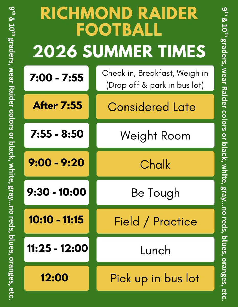 FbRichmond's tweet photo. The Rookie Lifting camp kicked off today and runs through Thursday.
Next week, we get rolling with everyone. 
It’s extremely important that everyone is in attendance each day.  It takes a commitment from the player and the parent to make this happen.
Go Raiders! https://t.co/YLiLvGggJy