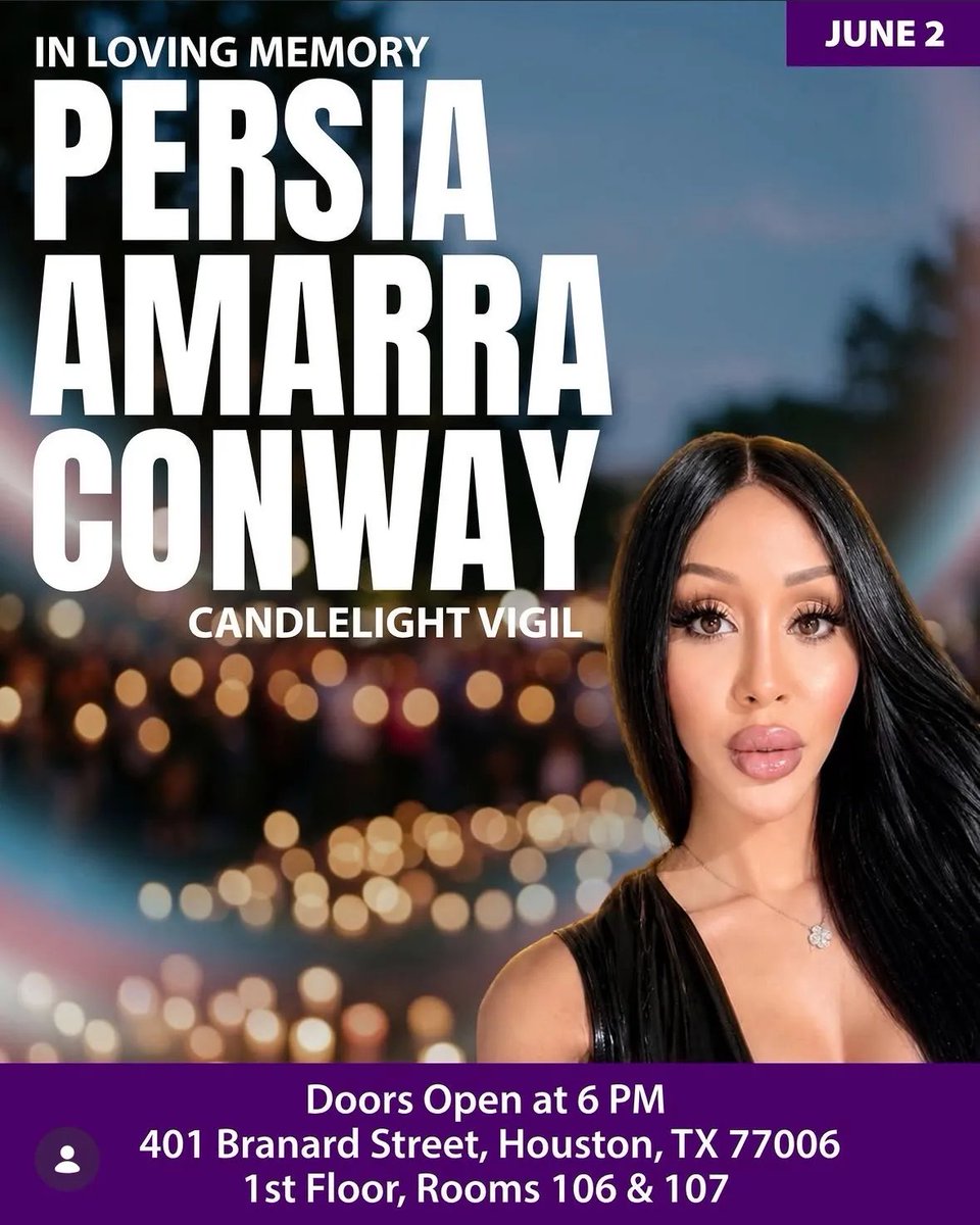 kissphoria's tweet photo. The Montrose Center is hosting a vigil tomorrow night for Persia Amarra Conway, the transgender woman who was found dead near Brays Bayou in Southwest Houston on Memorial Day. https://t.co/NWxFg0SUml