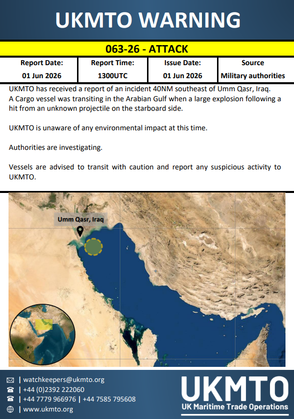Rory_Johnston's tweet photo. "Iran’s Islamic Revolutionary Guard Corps (IRGC) says it targeted the “US-owned”, Panama-flagged MSC Sariska V container ship with a cruise missile.

Iranian media said the IRGC’s move followed an attack on an Iranian ship near Oman.

We earlier reported that a cargo vessel travelling in the Gulf was hit with a projectile around 40 nautical miles (74km) southeast of Umm Qasr, according to the United ⁠Kingdom Maritime Trade Operations (UKMTO).

UKMTO has not confirmed which vessel was hit."

UKMTO updates: