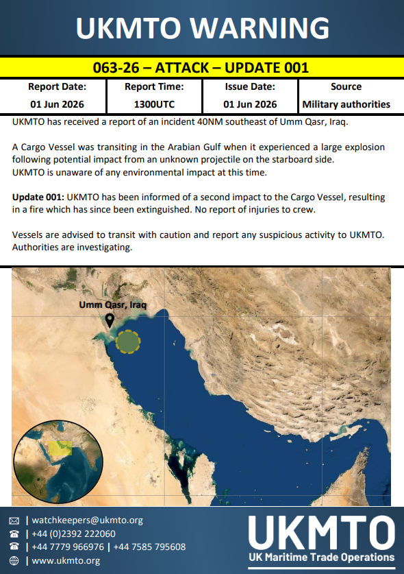 Rory_Johnston's tweet photo. "Iran’s Islamic Revolutionary Guard Corps (IRGC) says it targeted the “US-owned”, Panama-flagged MSC Sariska V container ship with a cruise missile.

Iranian media said the IRGC’s move followed an attack on an Iranian ship near Oman.

We earlier reported that a cargo vessel travelling in the Gulf was hit with a projectile around 40 nautical miles (74km) southeast of Umm Qasr, according to the United ⁠Kingdom Maritime Trade Operations (UKMTO).

UKMTO has not confirmed which vessel was hit."

UKMTO updates: