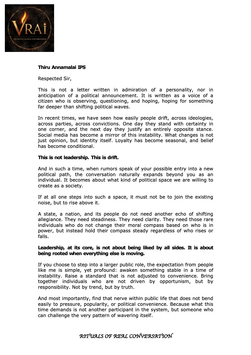 savithaj0428's tweet photo. This is not a political letter. It is a letter from one citizen to another, human being who chose public life.
You agree or disagree, i hope you will read it. 
@annamalai_chap2  @annamalai_k @pttv_tweets @ThanthiTV @News18TamilNadu https://t.co/OssDf0WRJR