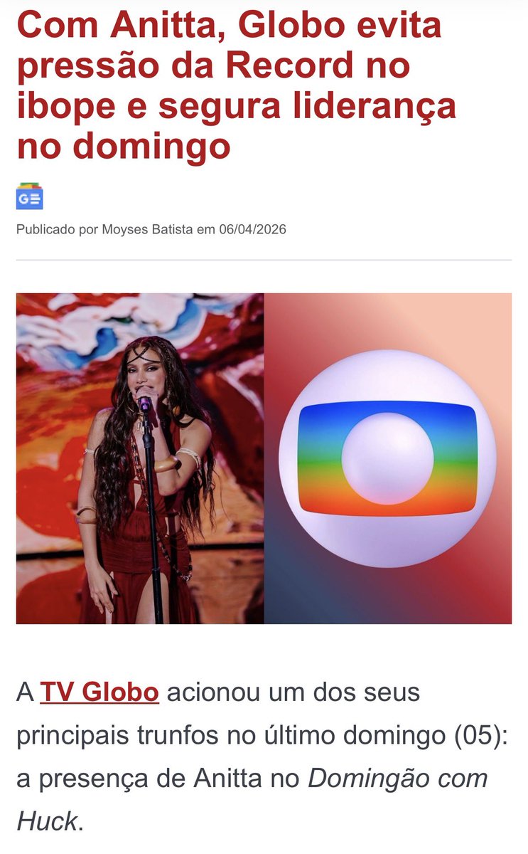 eduveces's tweet photo. @manusonzer Primeiro ponto: 11,0 pontos de audiência no Domingão do Huck não são novidade, já que o programa faz isso todos domingos. Segundo: a Anitta foi responsável por aumentar e sustentar a audiência durante sua participação naquele dia. Vocês adoram passar vergonha, né? KKK https://t.co/uY3Xc3jtwN