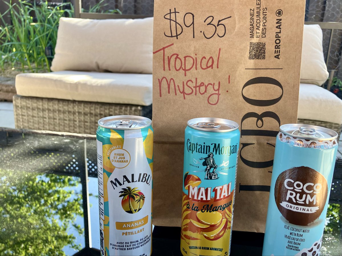 MHunchi's tweet photo. Went to the LCBO to buy a gift for a friend was was pleasantly surprised to see they have mystery bags 

I’m more then happy to with this selection to kick off my tropical evening https://t.co/DBkaPTe0L6