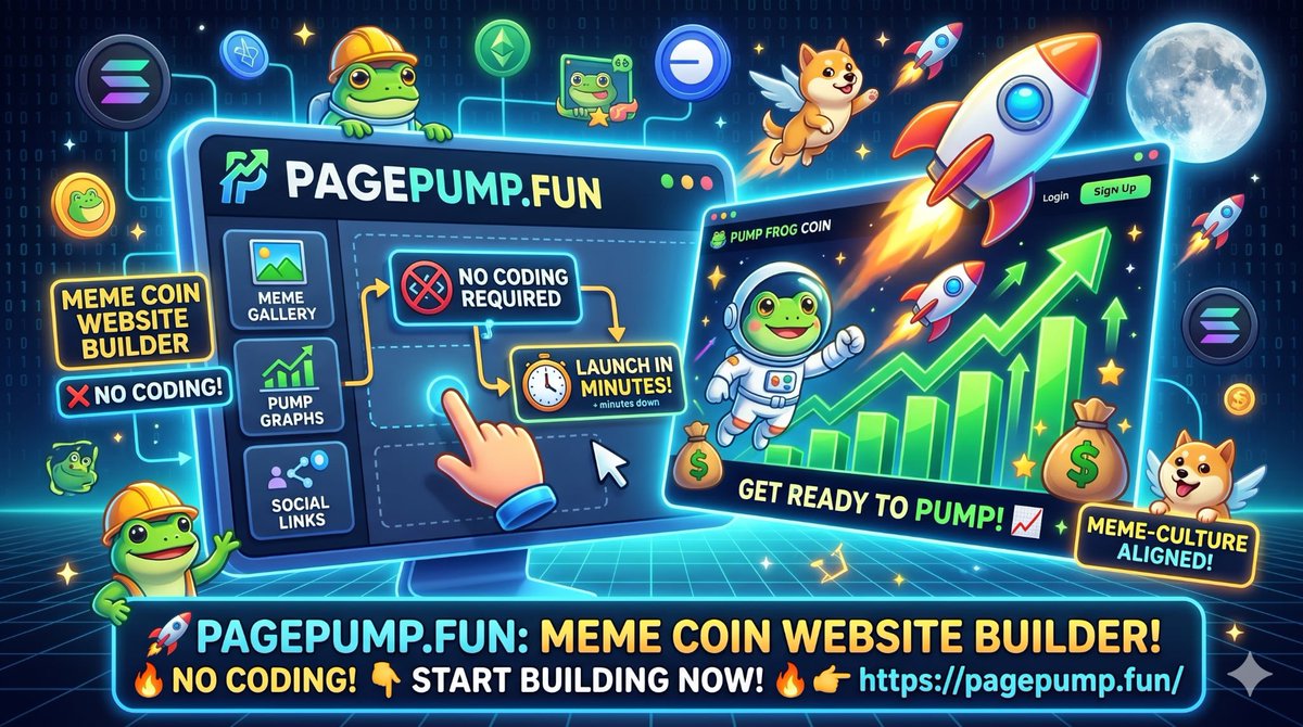 pagepumpfun's tweet photo. 🚀 https://t.co/FhAbWmFGbA is officially LIVE!

The fastest and easiest way to build a custom website for your meme coin.

❌ Zero coding required

⏱️ Launch in minutes

📈 100% meme-culture aligned

Give your project the visual utility it needs and get ready to pump. 🔥

👉 Build your site now: https://t.co/ZSTPFVi6u9

#MemeCoin #Web3 #Crypto #Solana #Base #PagePump

Option 2: Problem & Solution Focus
Got a token and a solid community, but still no website? 🐸💻

https://t.co/FhAbWmFGbA lets you deploy a professional website for your meme coin instantly. Build trust with your holders and anchor your project in just a few clicks.

🔗 Try it today: https://t.co/ZSTPFVi6u9

#MemeCoins #Web3 #Crypto #CryptoLaunch #Solana