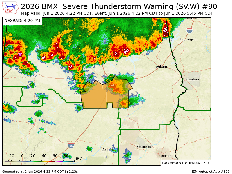 ewarn's tweet photo. BMX issues Severe Thunderstorm Warning [wind: 60 MPH (RADAR INDICATED), hail: 1.00 IN (RADAR INDICATED)] for Lowndes, Montgomery [AL] till Jun 1, 5:45 PM CDT https://t.co/vBBo5PMoVm https://t.co/v0qImuc9J1