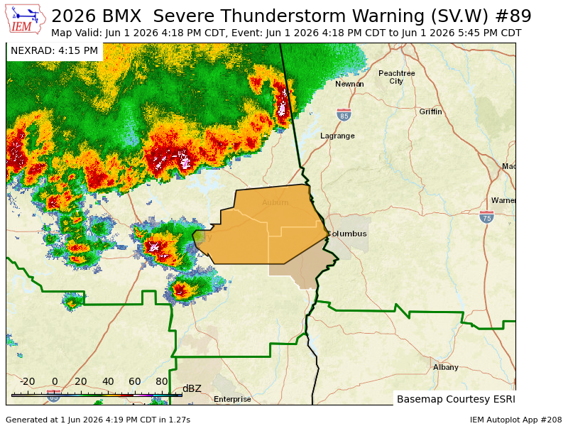 K4NWS's tweet photo. BMX issues Severe Thunderstorm Warning [wind: 60 MPH (RADAR INDICATED), hail: 1.00 IN (RADAR INDICATED)] for Lee, Macon, Russell [AL] till Jun 1, 5:45 PM CDT https://t.co/MdsOiy9Q63 https://t.co/1j6L3ddQO0