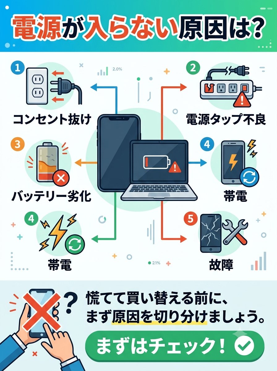 matsuda_tech's tweet photo. 電源が入らない原因は

・コンセント抜け
・電源タップ不良
・バッテリー劣化
・帯電
・故障

慌ててサーポートセンターに
問い合わせる前に、
買い替える前に、
まず原因を切り分けましょう。

「何だ、こんなこと」って場合多いです https://t.co/92DrLNOLUY